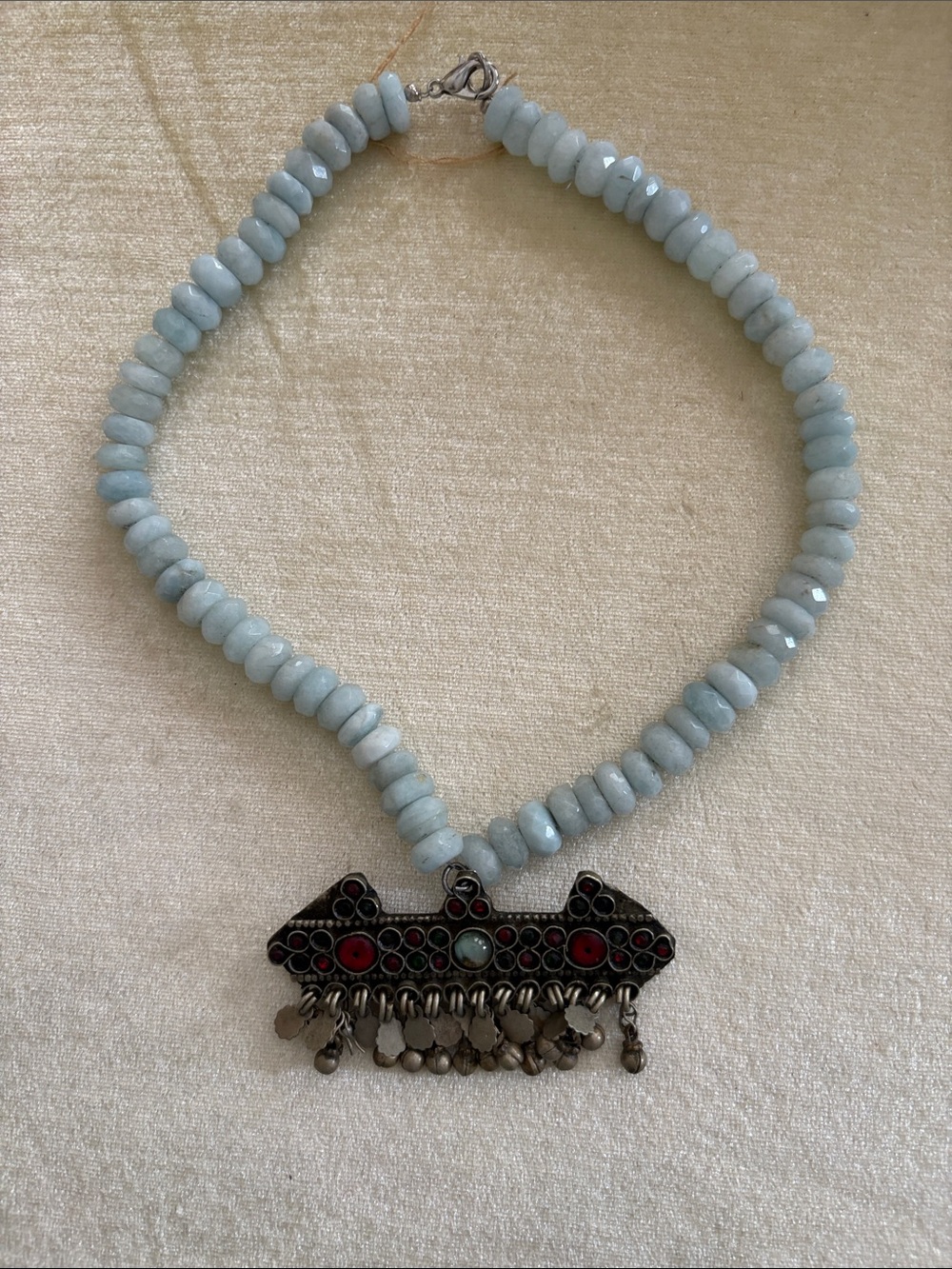 Light Blue Beaded Necklace with Decorative Pendant